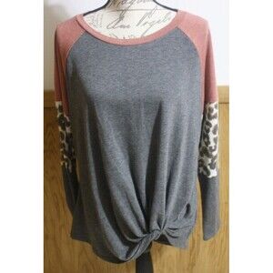 Maurices Tie Knot Front Leopard Print Sleeves Pullover LS Top Multi-color Blouse